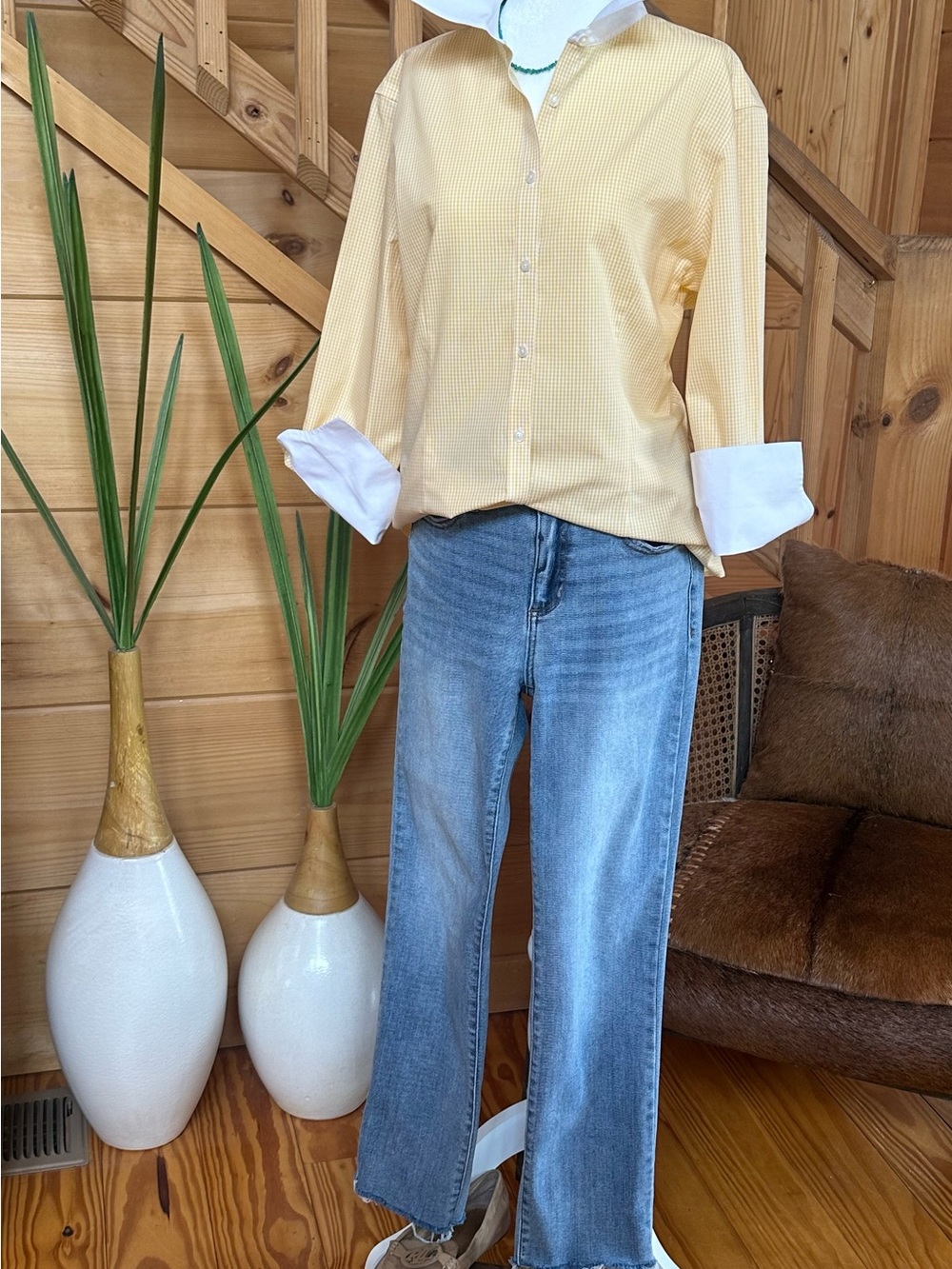 Brooks Brothers Yellow Gingham Button-Down Shirt with White Contrast Collar